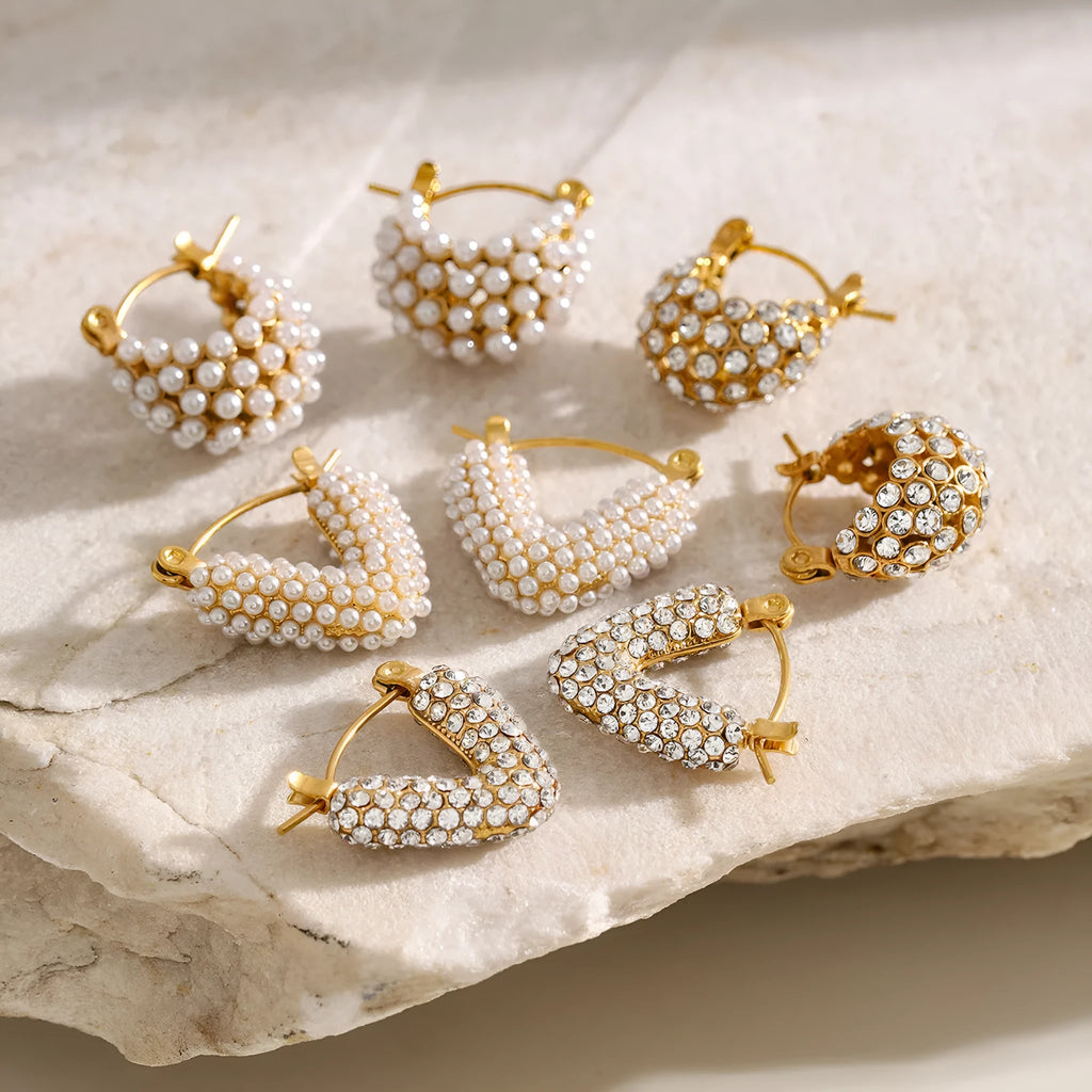 Hollowed-out cabas stainless steel drop earrings with inlaid rhinestones and electroplated finish