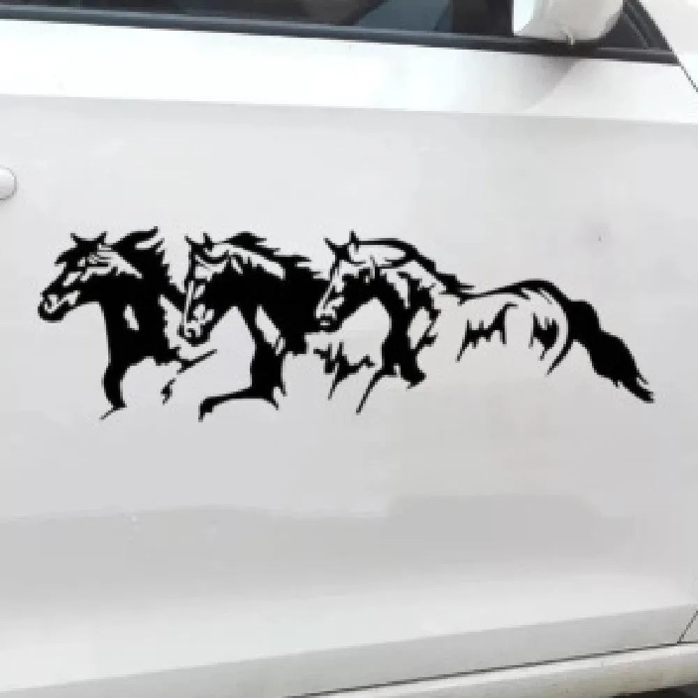 Three horses motif car decal sticker in black, measuring 25 by 8 centimetres.