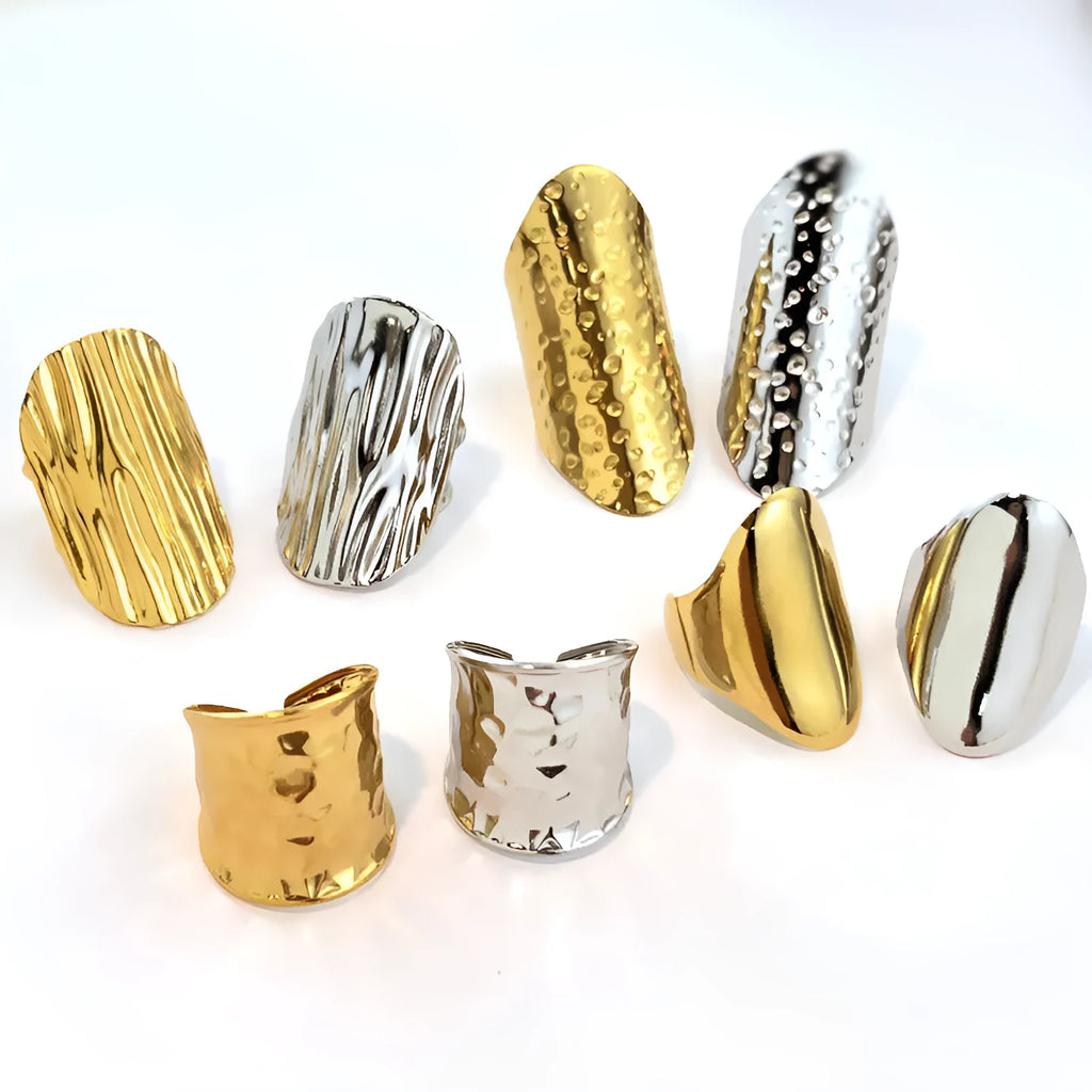 Geometric open ring with striped gold plated design on stainless steel, spray finish, unisex style, colour JZ-YS332-S