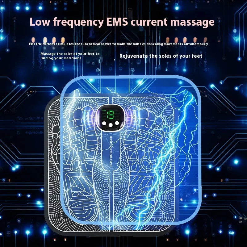 Blue rechargeable foot reflexology massager mat with remote control on a wooden floor.