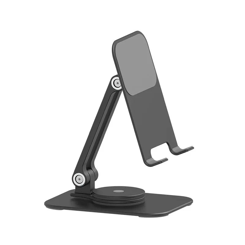Aluminium alloy rotary desktop mobile phone holder in silver grey with silicone pad, unfolded on desk