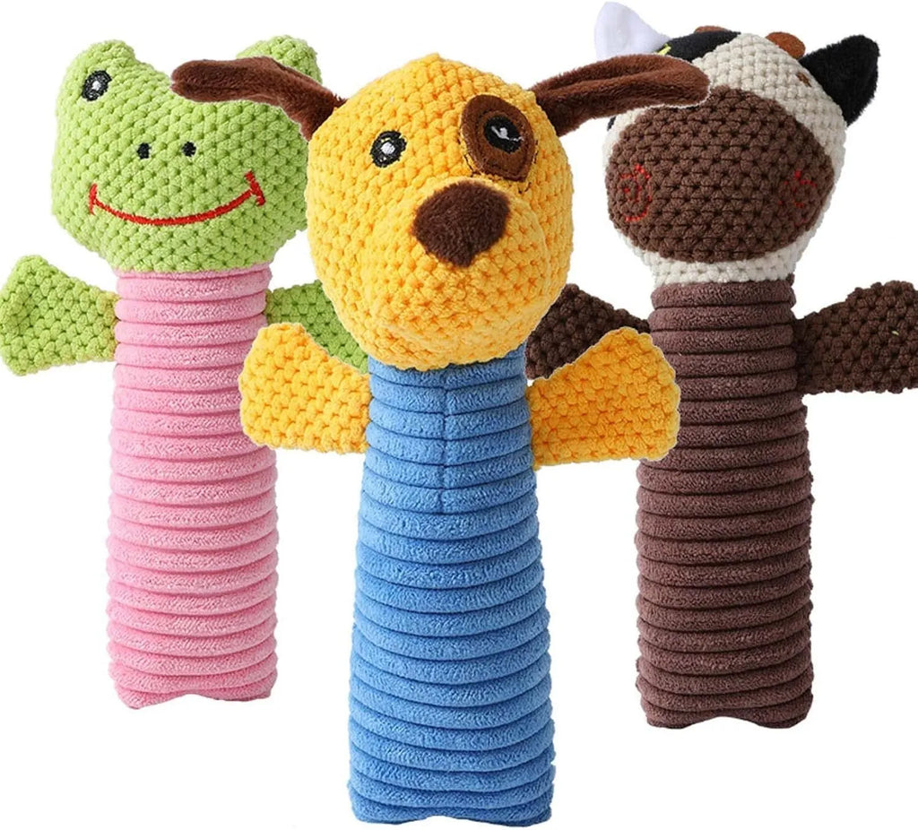 Squeaky stuffed animal dog chew toy in polyester fibre for dental care and chewing relief