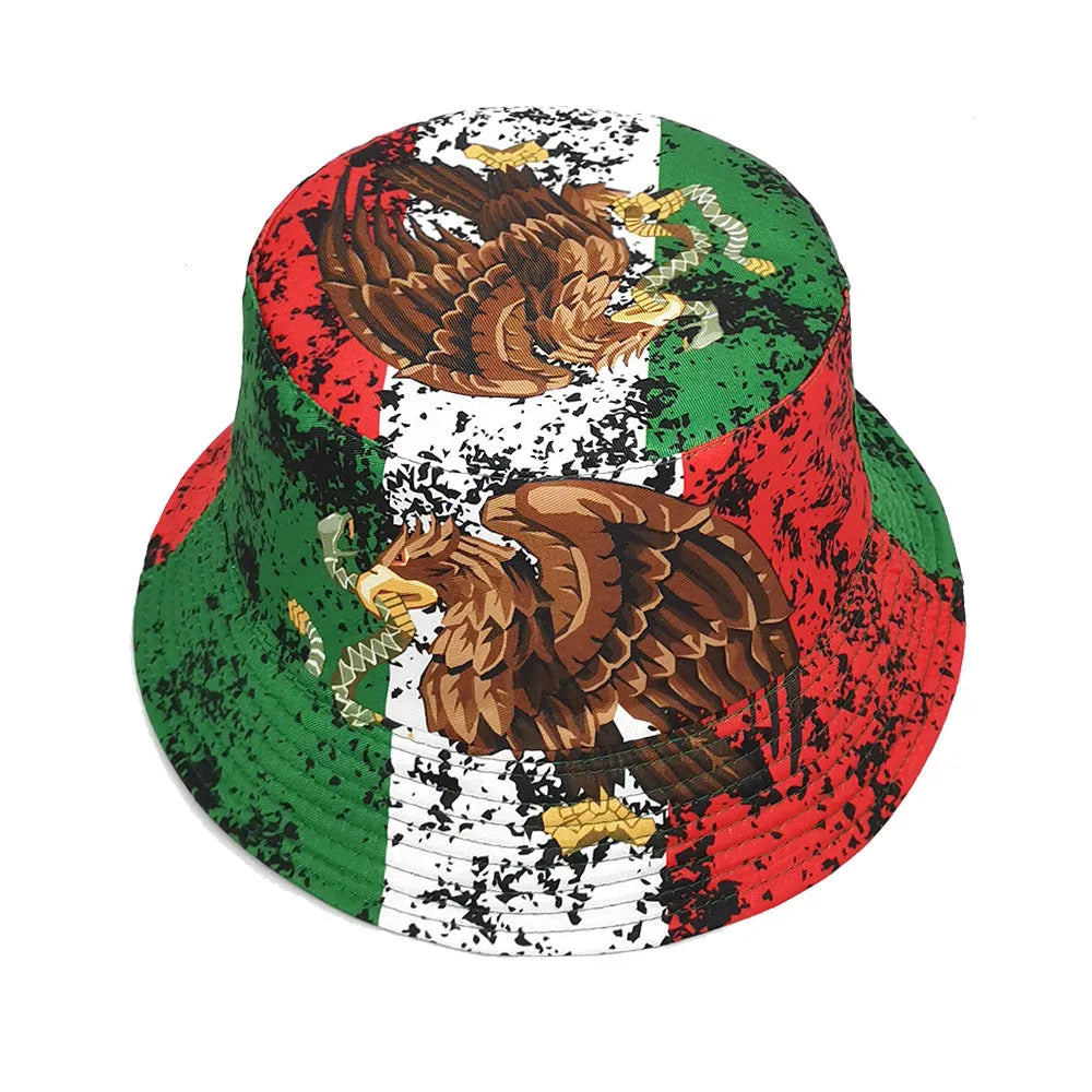 Retro style bucket hat with eagle pattern, dome crown, made from polyester fabric.