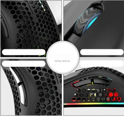 Hollow-out luminous wireless gaming mouse in cyan, black, or white colours with USB receiver