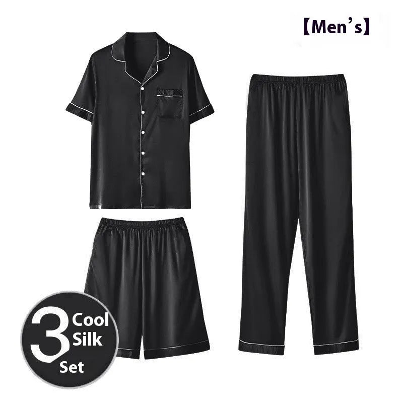 Men's thin Ice silk three-piece home wear set showing shorts and trousers in one of seven colour options.