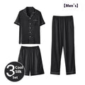 Men's thin Ice silk three-piece home wear set showing shorts and trousers in one of seven colour options.