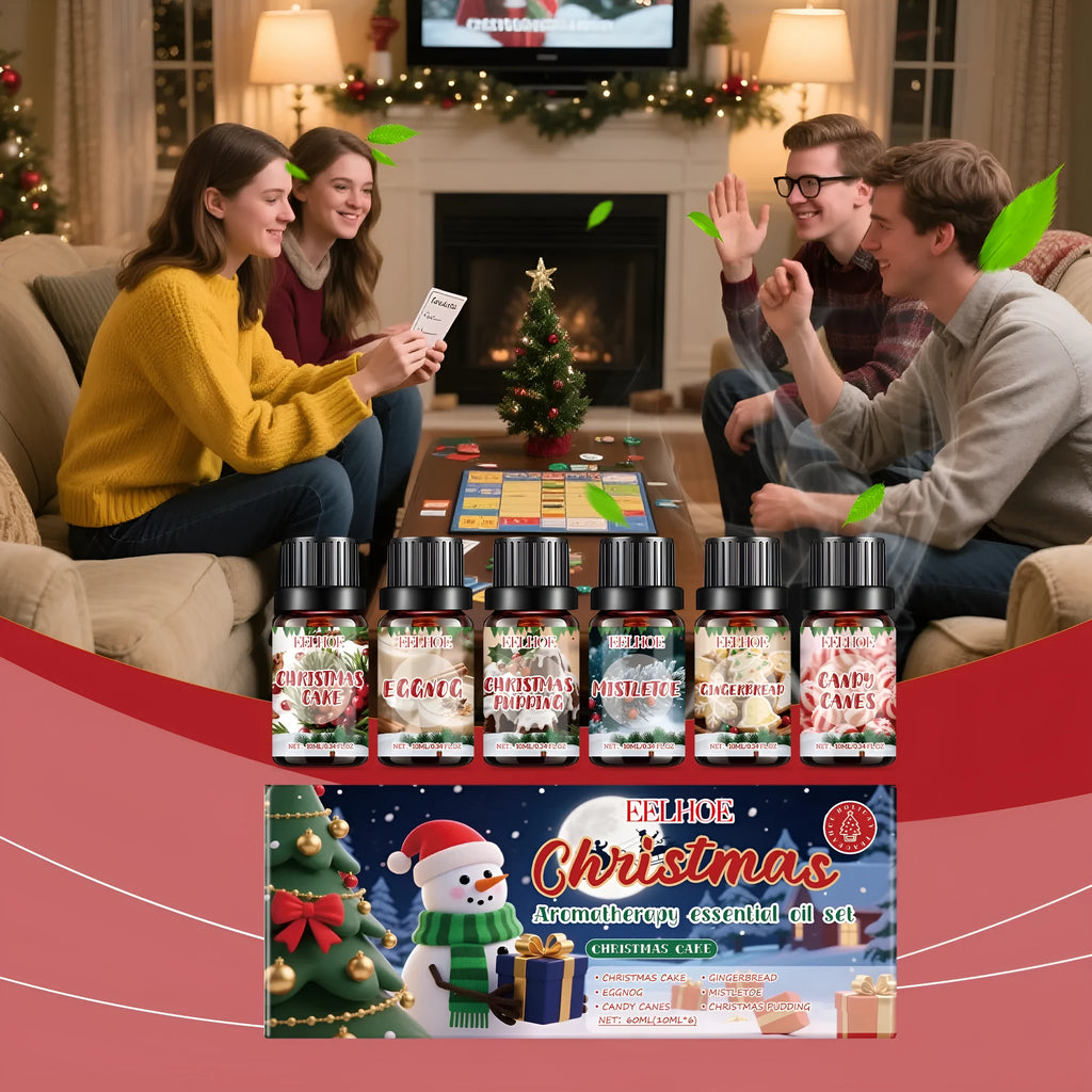 Christmas aromatherapy oil set showing six 60ml bottles for festive home fragrance