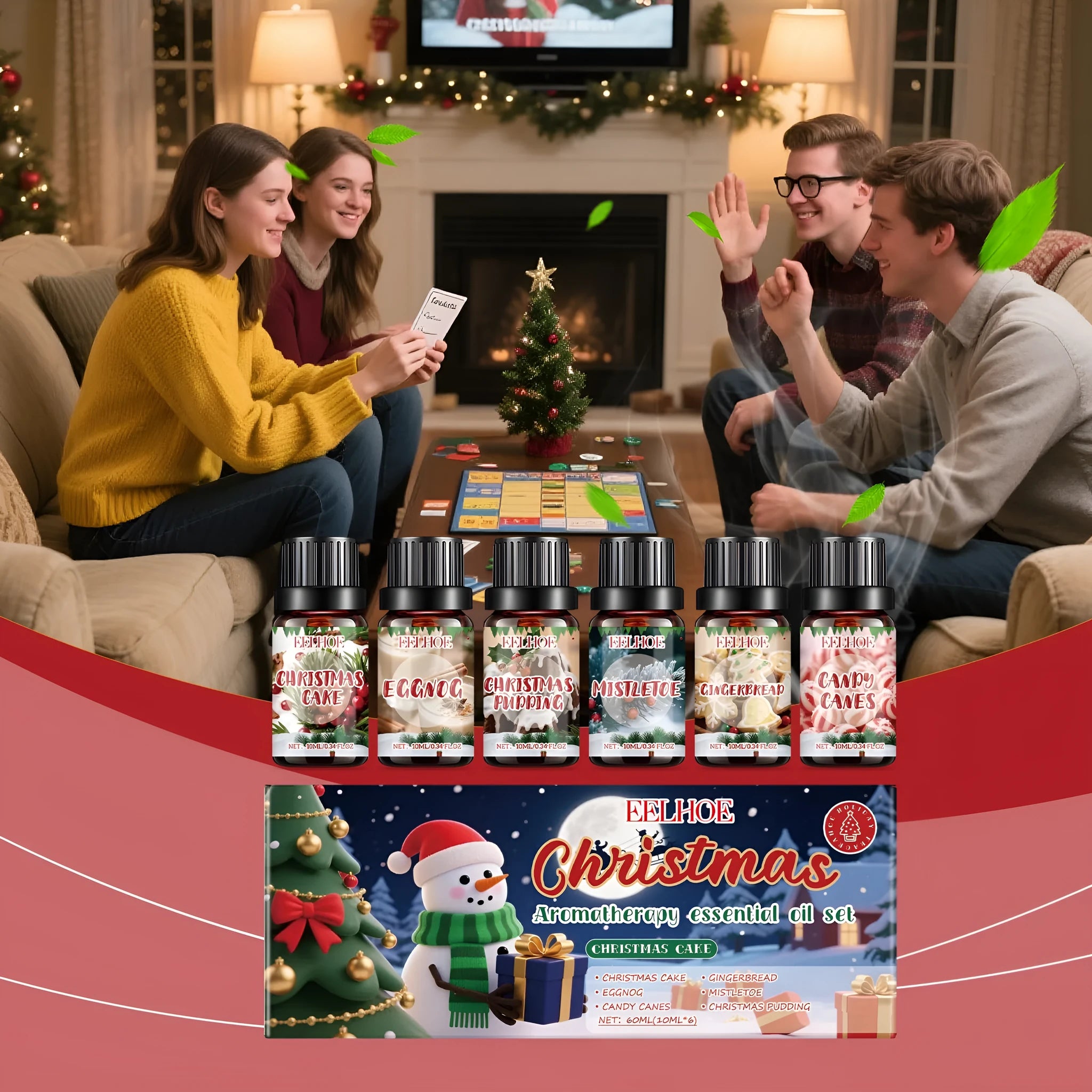 Christmas aromatherapy oil set showing six 60ml bottles for festive home fragrance