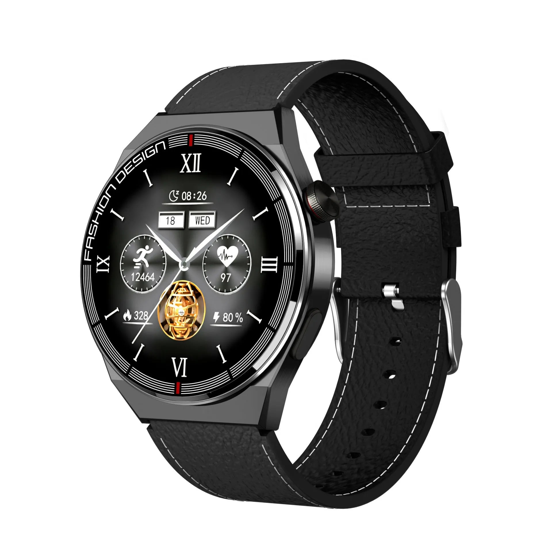 Black Bluetooth smartwatch with heart rate monitoring on silicone strap showing 1.28-inch screen