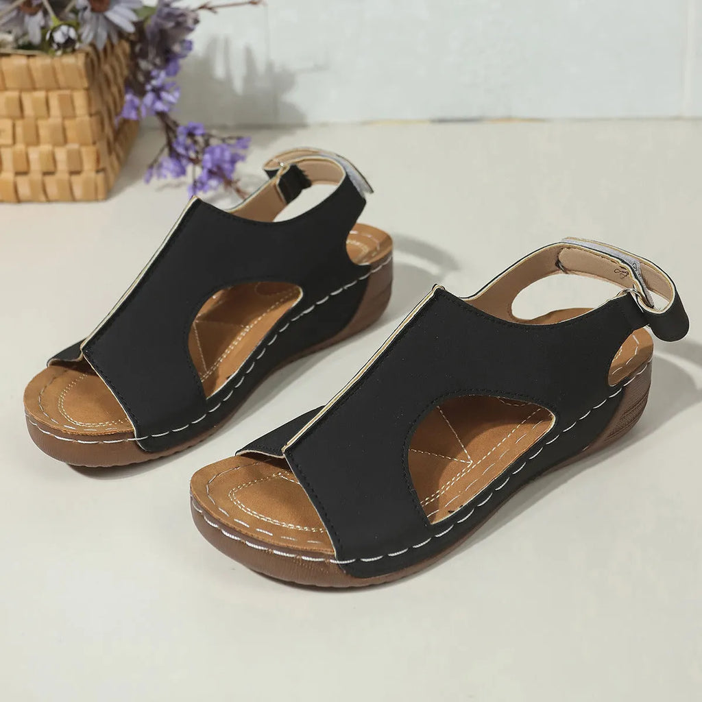 Women's plus size wedge sandals with Velcro strap, round toe, PU upper, in light brown colour