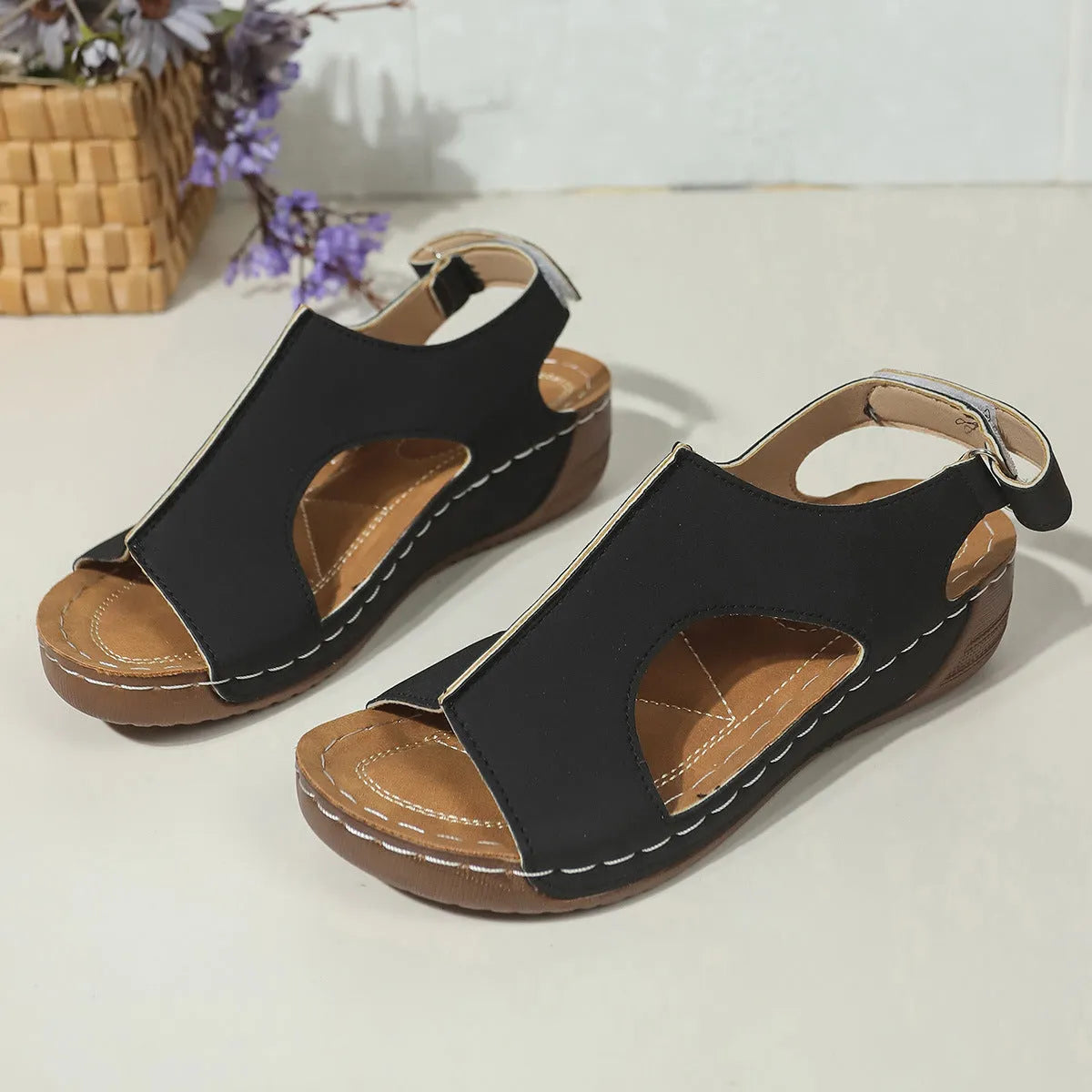 Women's plus size wedge sandals with Velcro strap, round toe, PU upper, in light brown colour