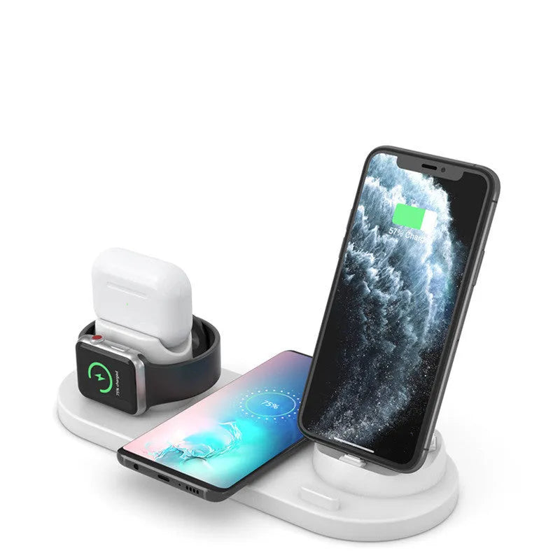 Black and white wireless charging station with phone holder showing multiple device charging pads