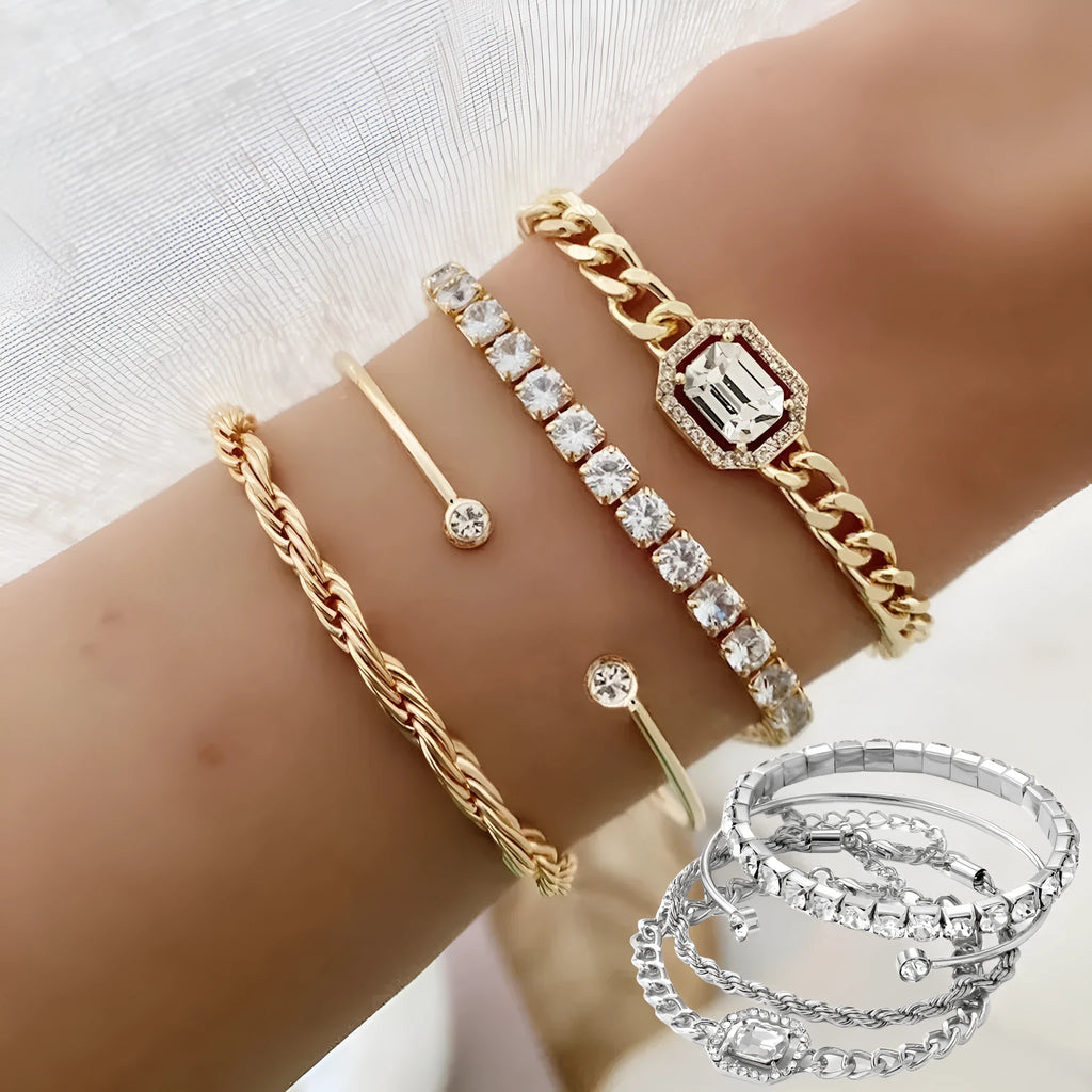 Set of 4 crystal bracelets - bohemian design, adjustable alloy, rhinestones, women's jewelry