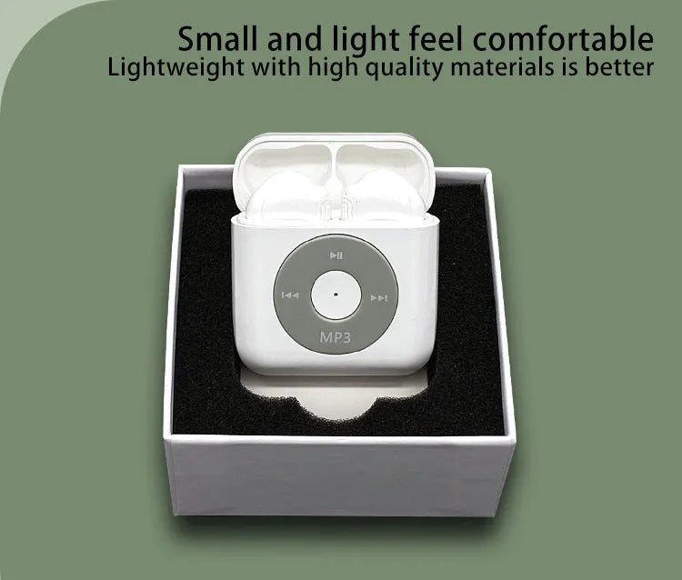 White wireless Bluetooth earphones with semi-in-ear design and a matching charging case.
