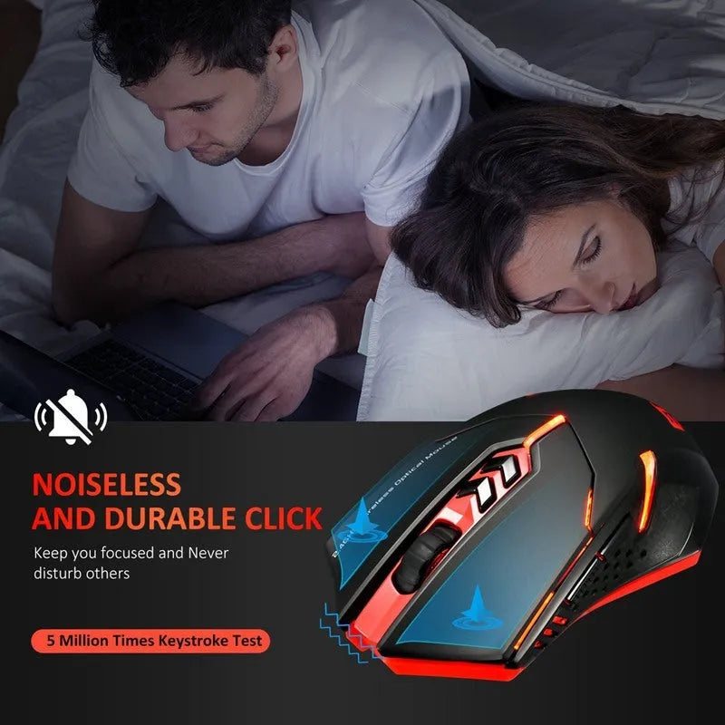 Silent wireless mouse with LED backlight in blue, 7 buttons, nano USB receiver, on a white surface