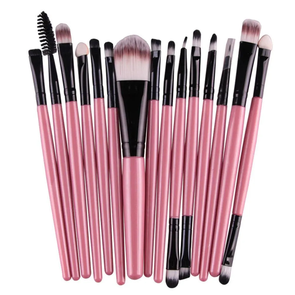 18-piece makeup brush set showing various brush shapes including fan tools for powder and contouring