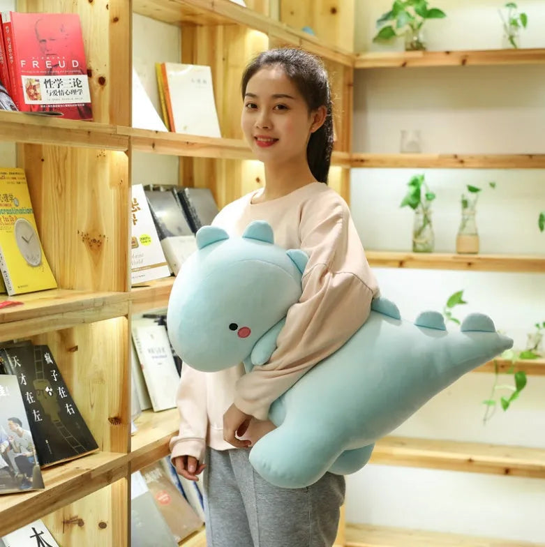 Soft down cotton dinosaur plush doll in blue colour, 30cm height, on a white background