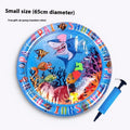 PVC inflatable water cooling mat for cats with shark design on blue background