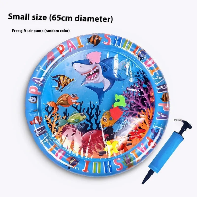 PVC inflatable water cooling mat for cats with shark design on blue background