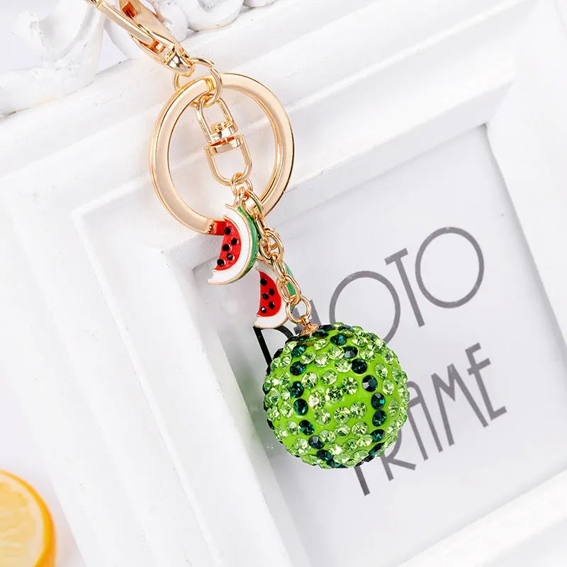 Green zinc alloy watermelon-shaped keychain with metal chain, 12cm size