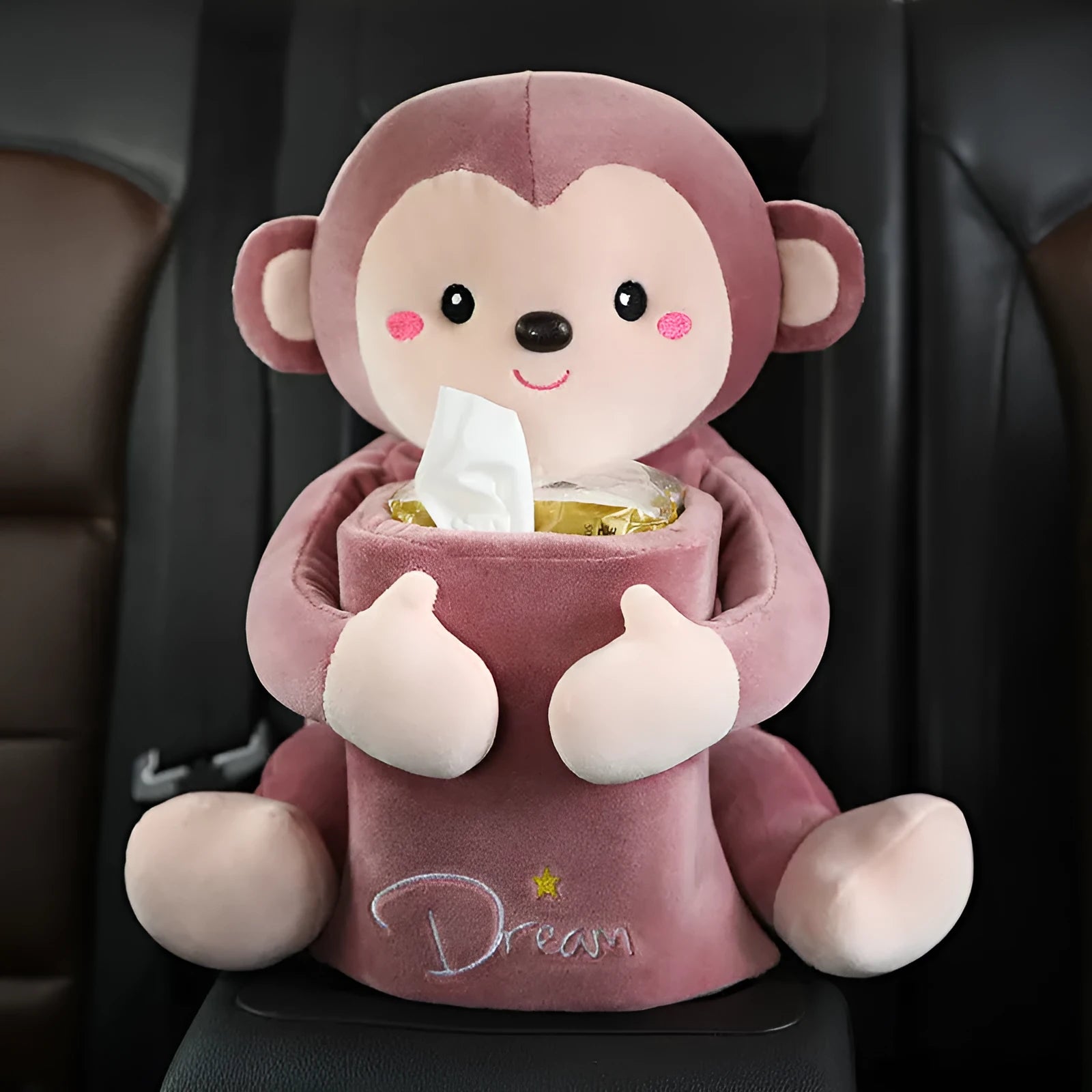 Plush multifunctional car tissue box in monkey design for armrest, 30x27cm
