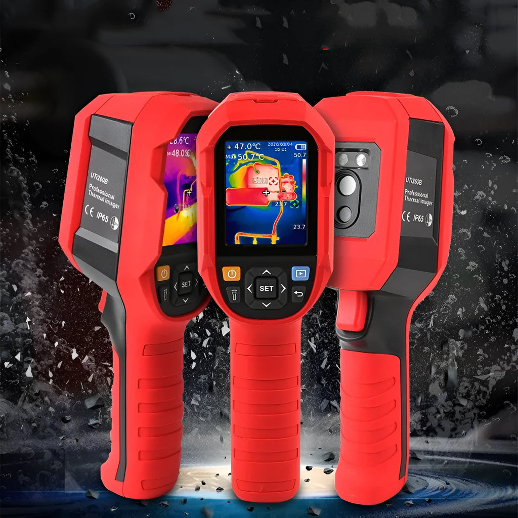 UTi series handheld infrared thermal imager with display screen showing a thermal image.