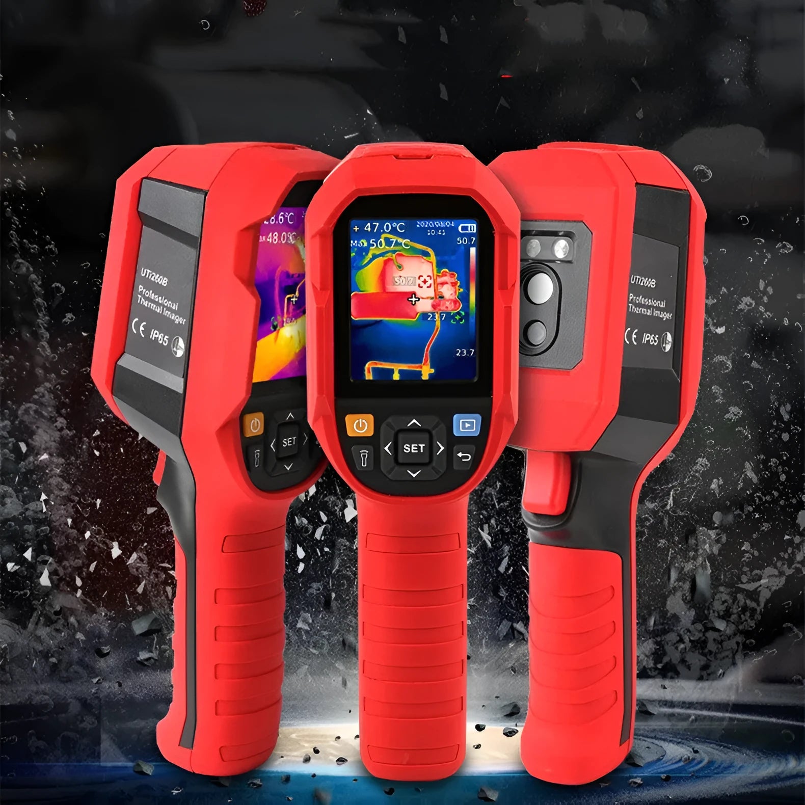 UTi series handheld infrared thermal imager with display screen showing a thermal image.