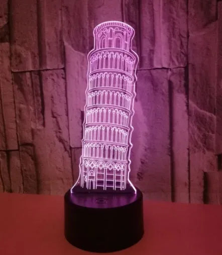Leaning Tower of Pisa 3D acrylic night light with multi-colour LED glow on a black ABS base.