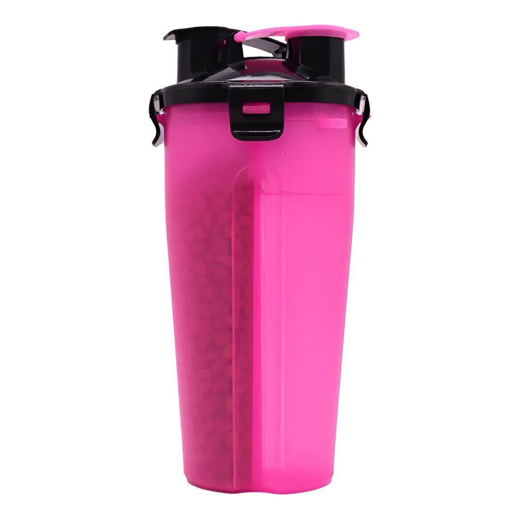 White portable pet water and food cup showing water and food compartments
