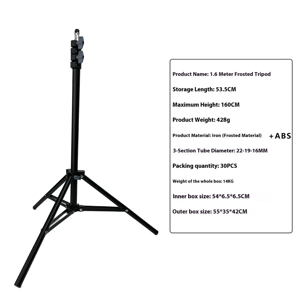 Adjustable mobile phone tripod light stand in frosted finish with height options from 1.6m to 2.1m