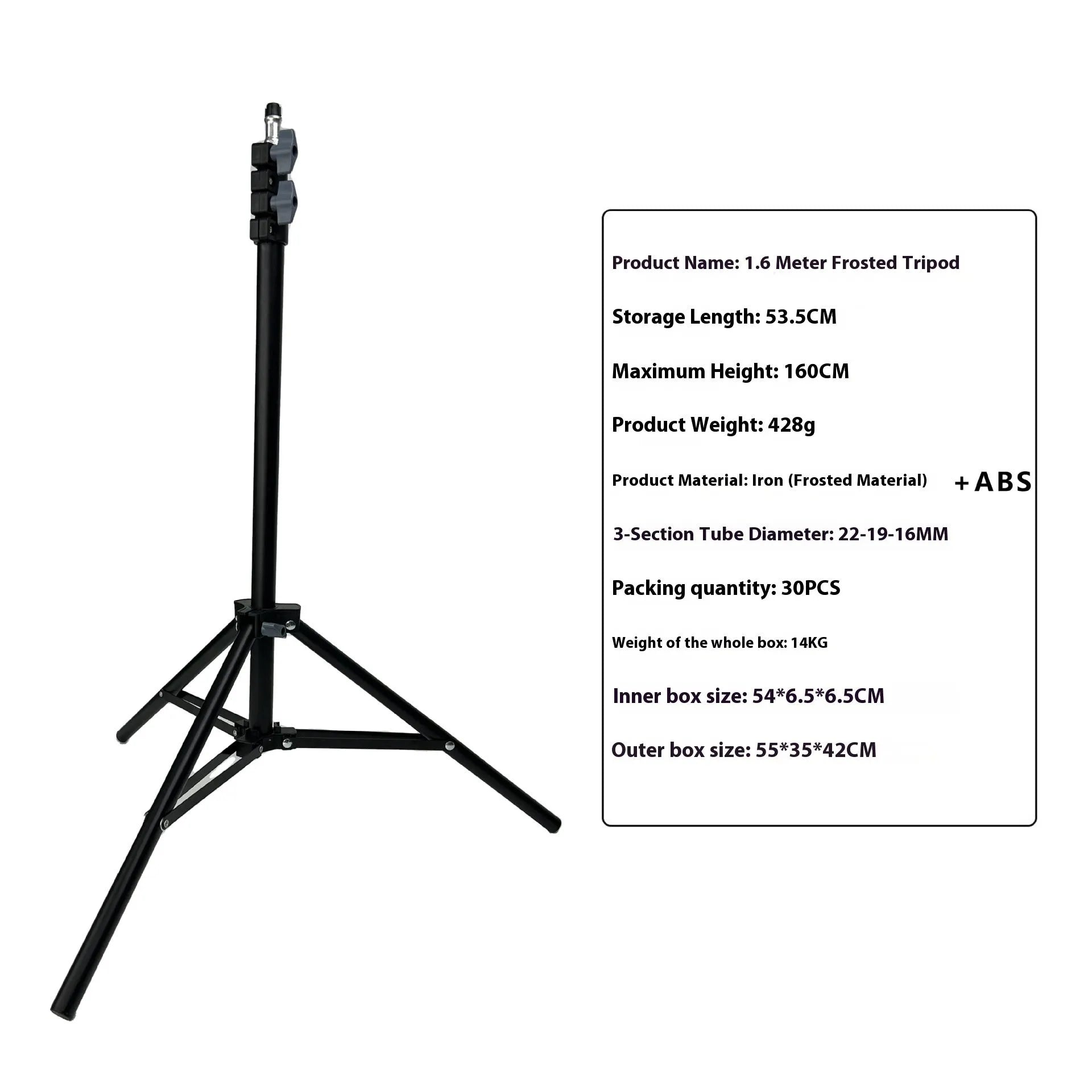 Adjustable mobile phone tripod light stand in frosted finish with height options from 1.6m to 2.1m