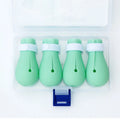 Four bright green silicone cat scratch protection gloves for pet handling.
