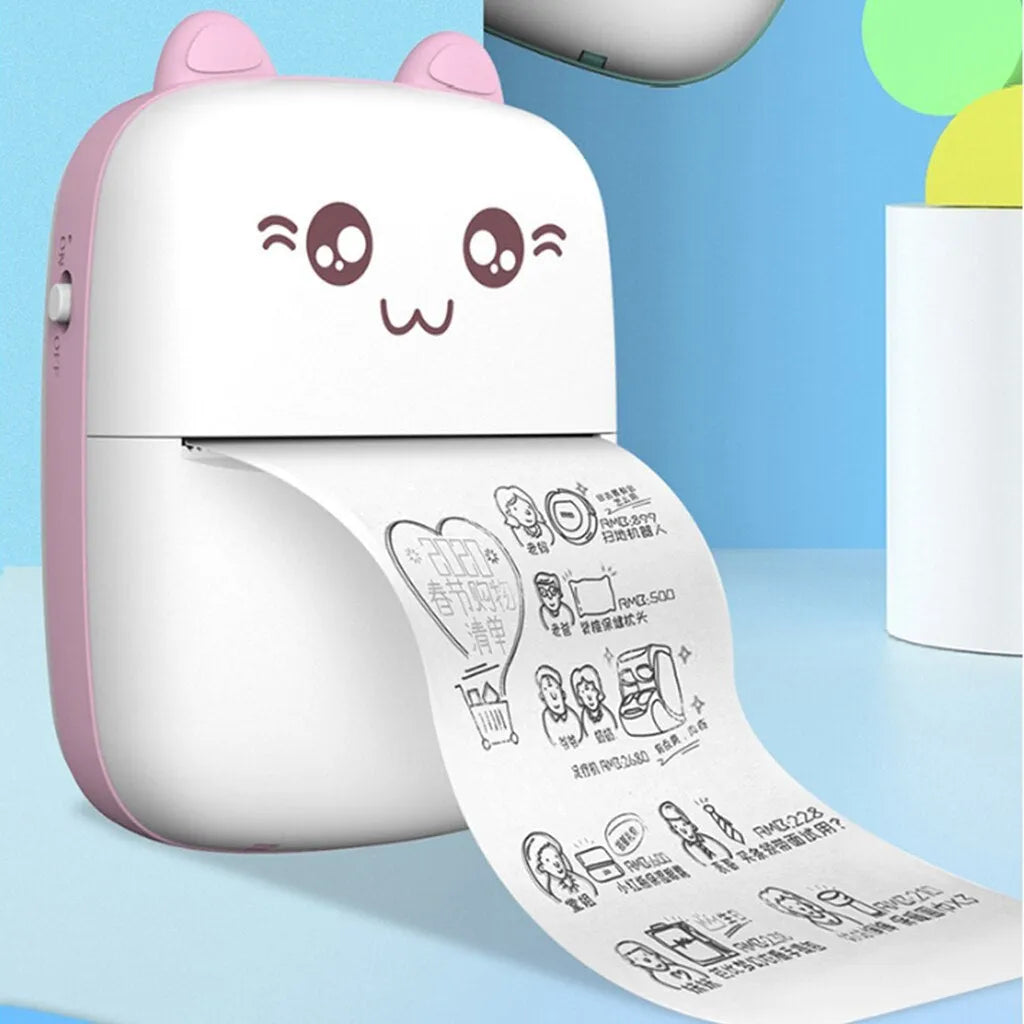 Mini Bluetooth thermal printer in pink with paper roll and phone app interface