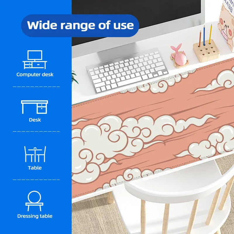 Large natural rubber desk mat with Japanese-style graphic pattern on wooden desk