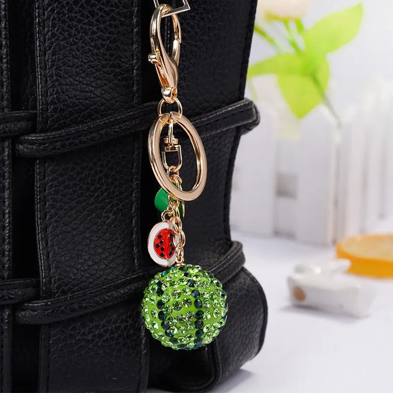 Green zinc alloy watermelon-shaped keychain with metal chain, 12cm size