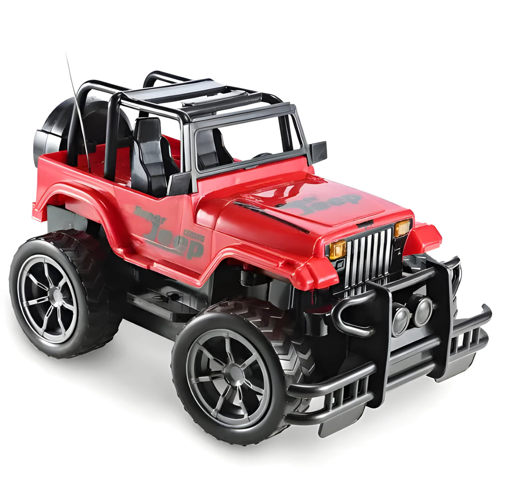 Wrangler Knight remote control off-road car in red on a grass surface with controller