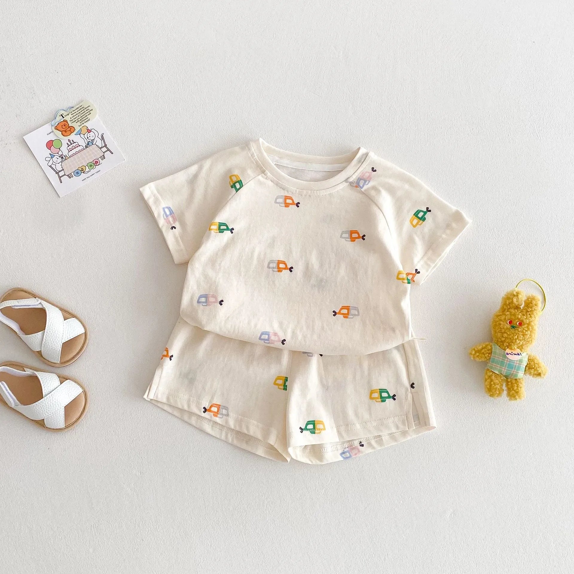 Cartoon print cotton baby two-piece outfit with short sleeve shirt and shorts in submarine pattern