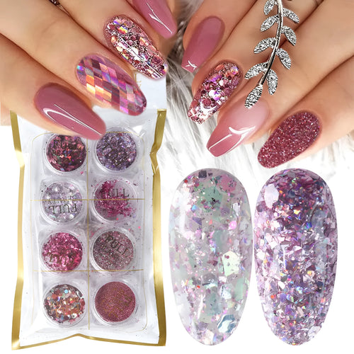 8 box mix glitter nail art powder flakes set with hexagon holographic iridescent sugar colours