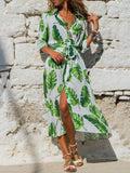 Women's vintage-style chiffon A-line dress with V-neck, high waist, and printed pattern.