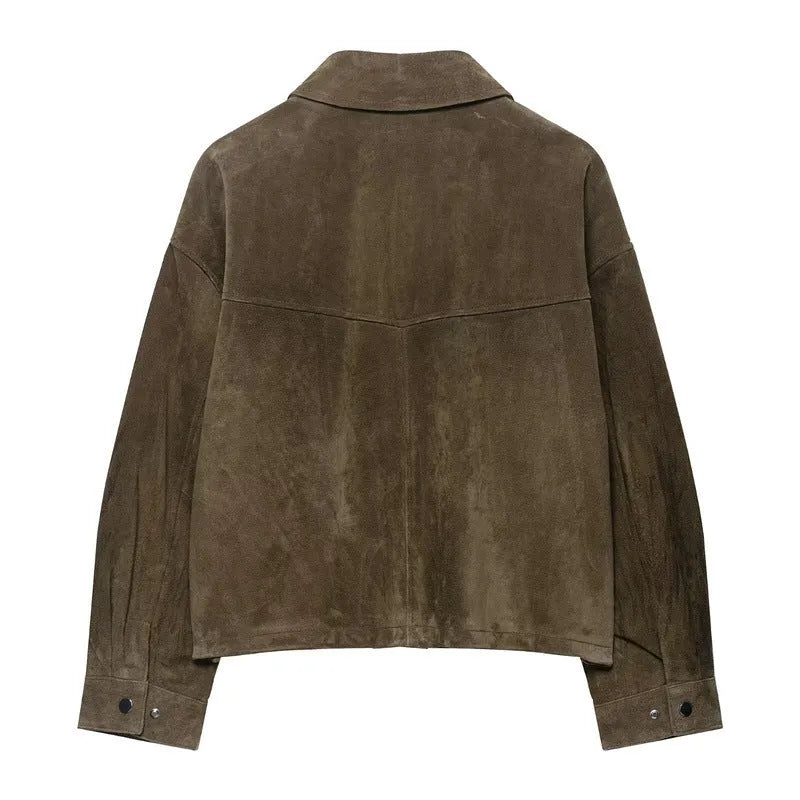 Women's PU jacket in picture colour with Japanese Korean casual style on a model.