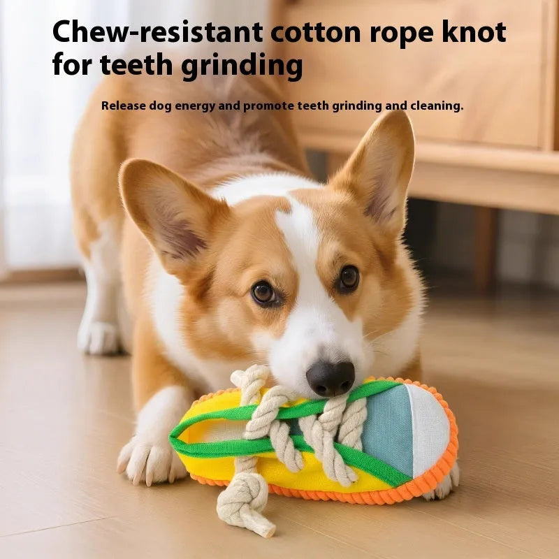 Colourful plastic dog chew toy with bends and squeaker for dental exercise