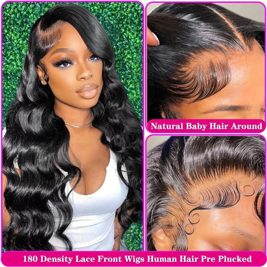 A woman modelling a black synthetic wig with medium-long curly waves and a natural hairline.