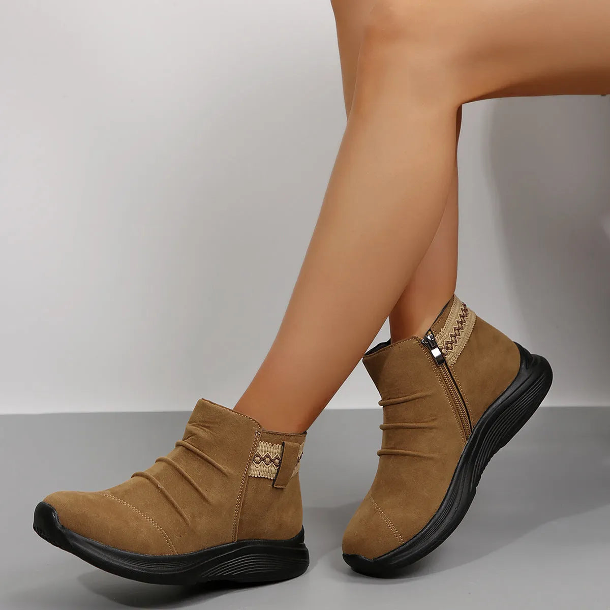 Round head women's frosted martin boots in black with platform heel and side zipper