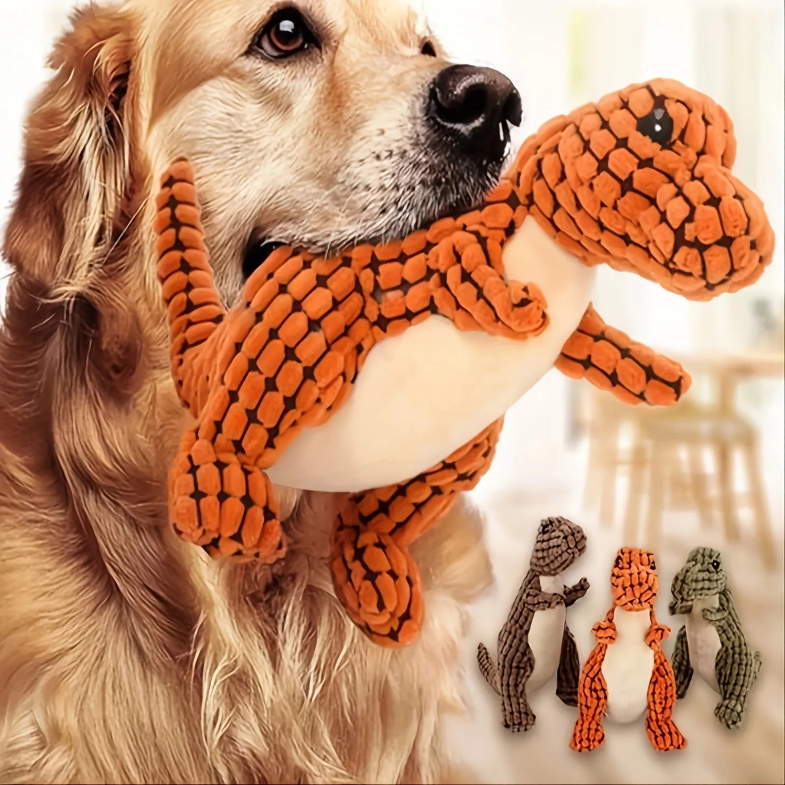 Grey, green, or orange durable squeaking chew toy for dogs resistant to bites.