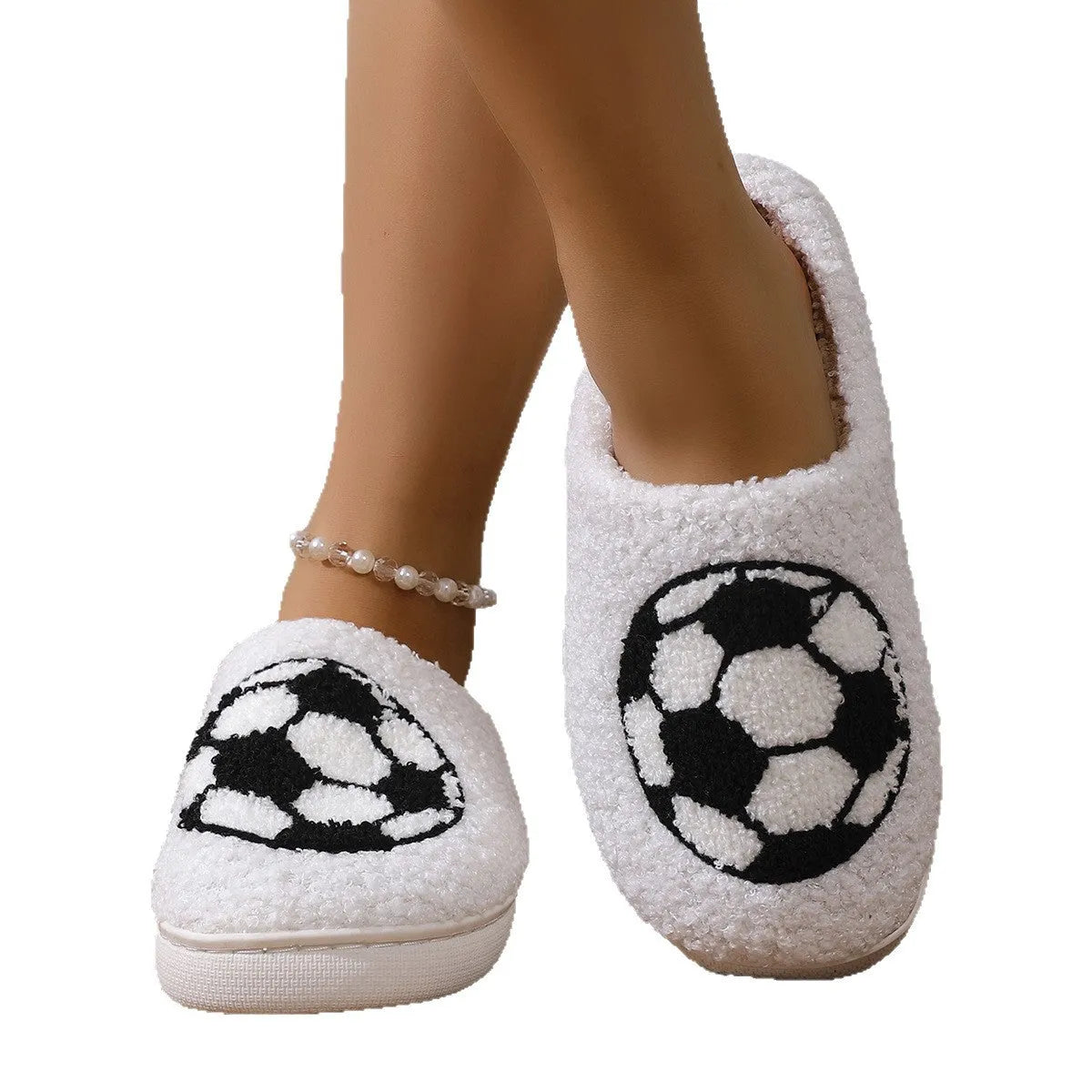 White interior thermal cotton slippers with ethnic totem pattern, plush upper, and round toe