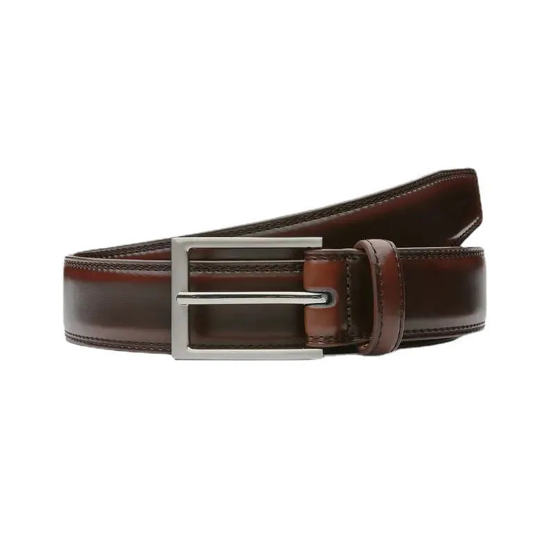 Men's brown genuine leather casual belt with an alloy buckle on a white background.