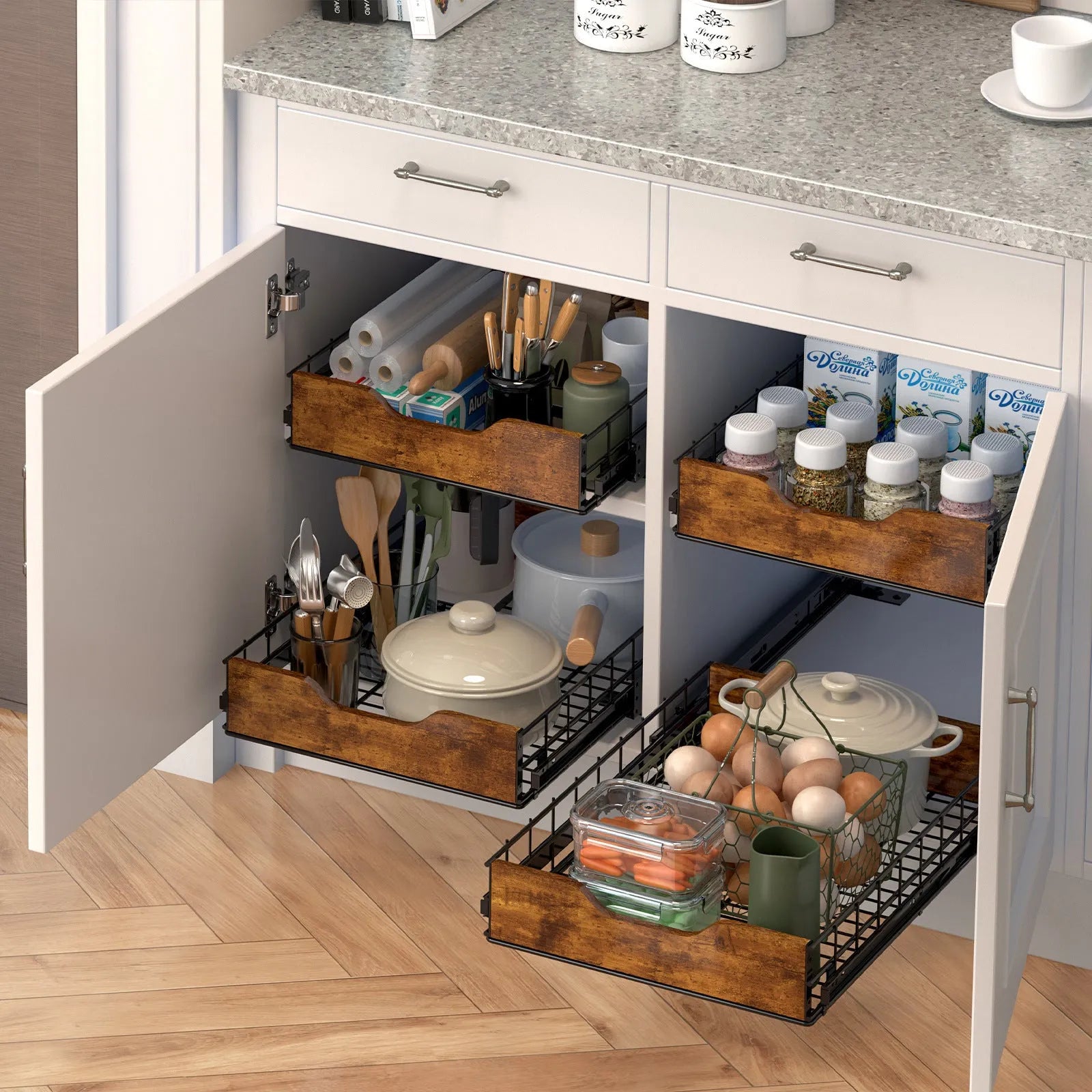 Black wooden storage rack with a metal pull-out basket drawer for kitchen or pantry organisation.