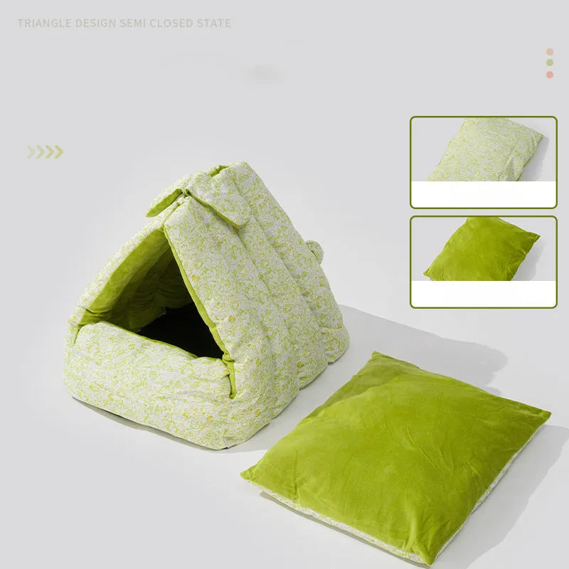 New Rabbit Triangle Nest semi-enclosed pet bed for cats and dogs, thickened, double-sided, green