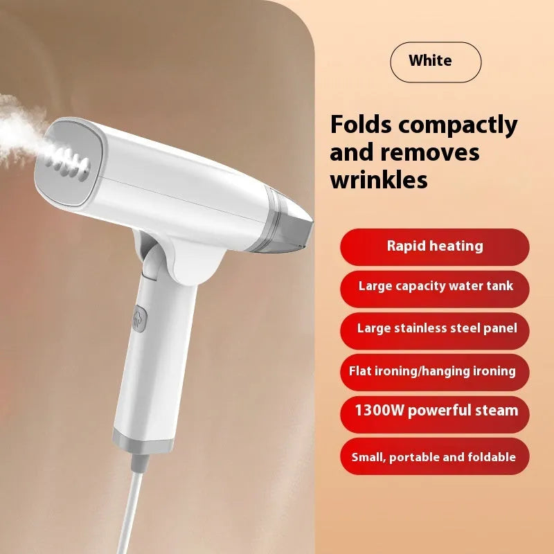 Handheld garment steamer in blue or white with 1300W power and 85ml water tank