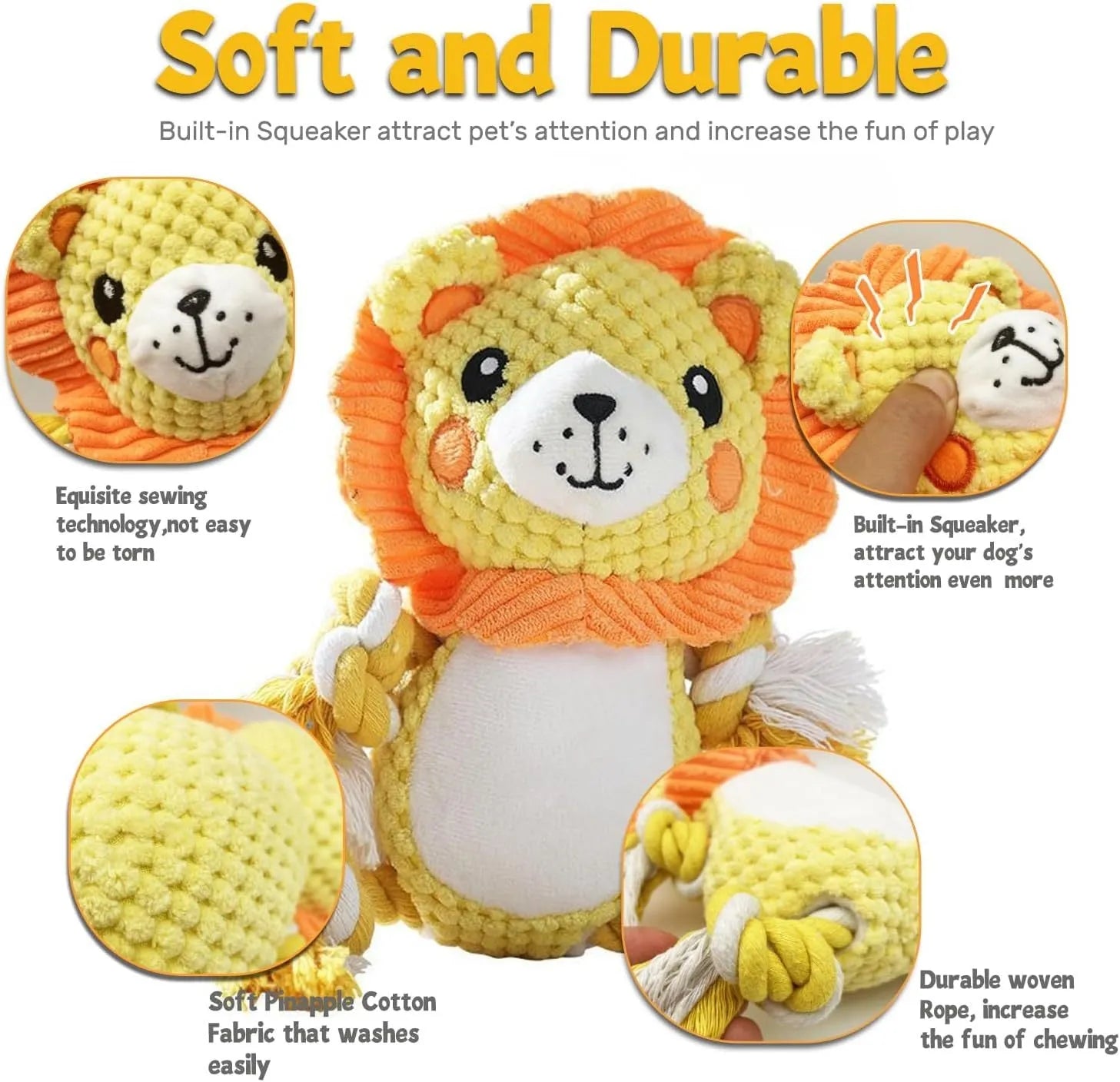 Lion and monkey soft plush squeaky dog toys bundle for medium large dogs